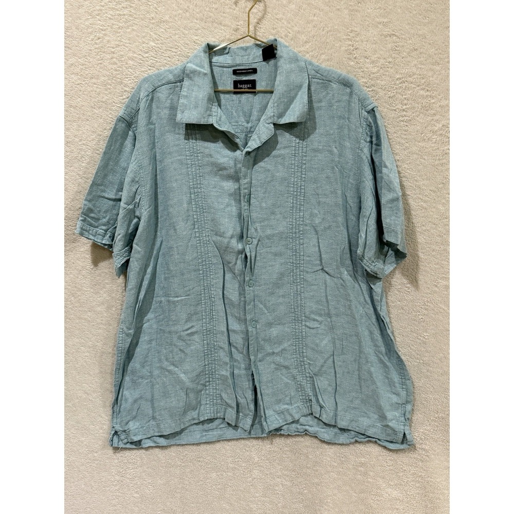 Haggar Button Up Shirt Men's XXL Teal Bluish/Green Linen Blend Camp Vacation